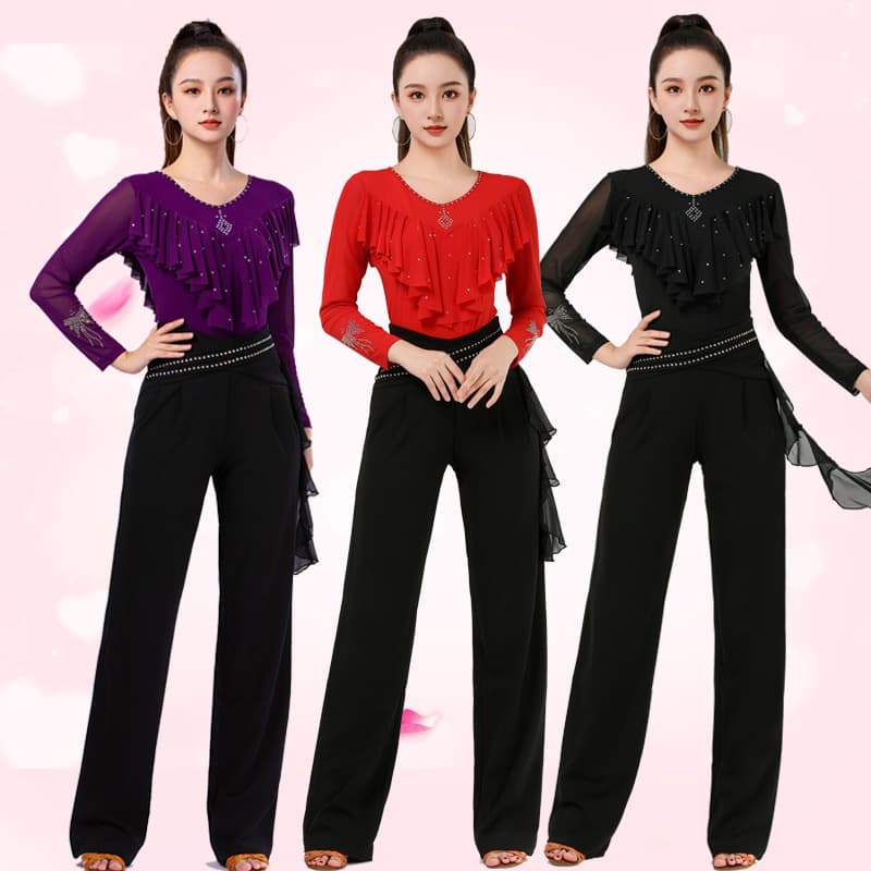 New Jitterbug Women's Long-Sleeved Square Dance Outfit with Three-Step Colored Mesh Rhinestone Ruffles