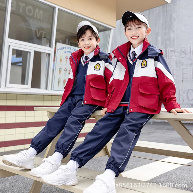 British-style detachable winter three-piece school uniform set with windbreaker for first-grade elementary students' class wear