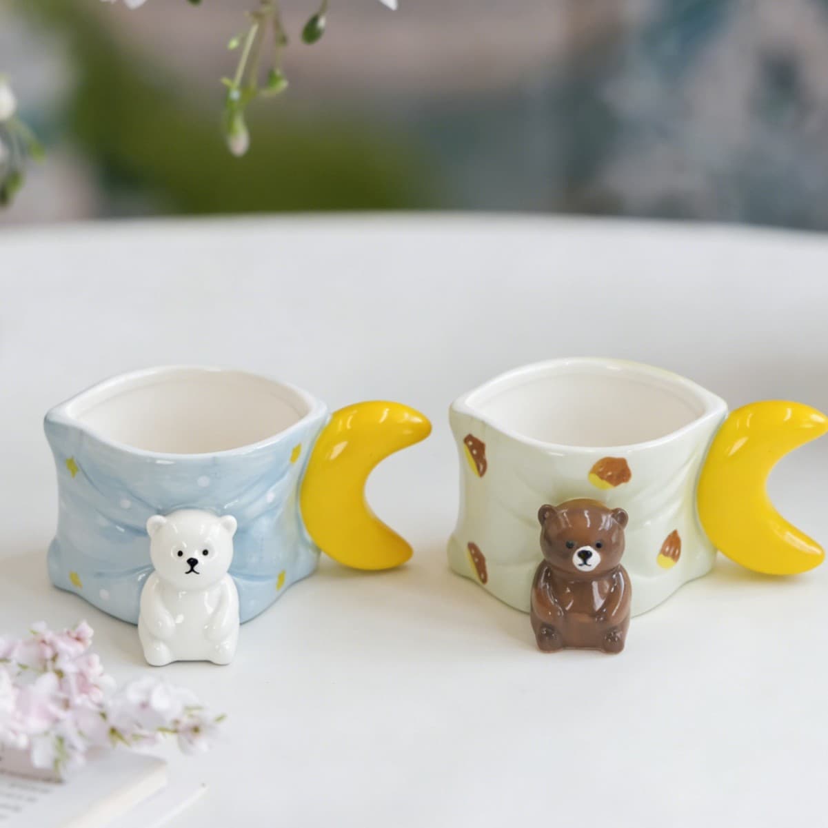 Ins-style creative design pillow-shaped 3D polar bear moon handle ceramic coffee mug for home