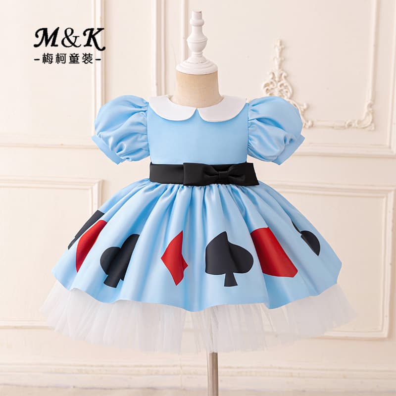 2026 New Girls Dress Satin Printed Princess Dress Birthday Photo Dress Alice in Wonderland Dress