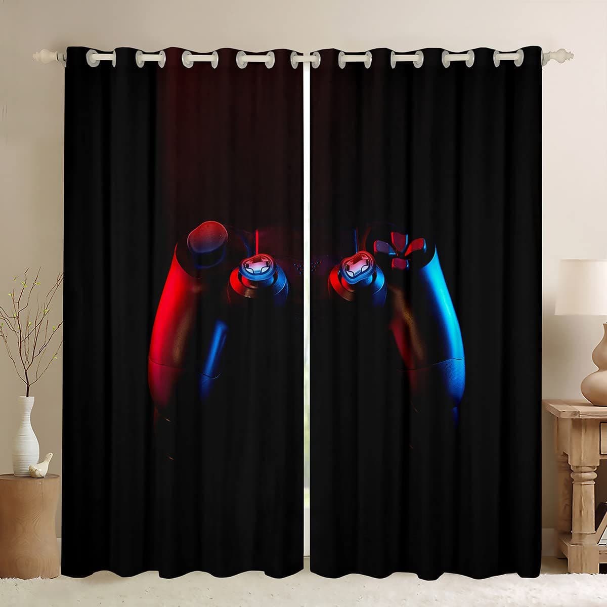 Cross-border Youth Style Black-Red Gaming Controller Graphic Digital Print Curtain for Bedroom Living Room Factory Wholesale
