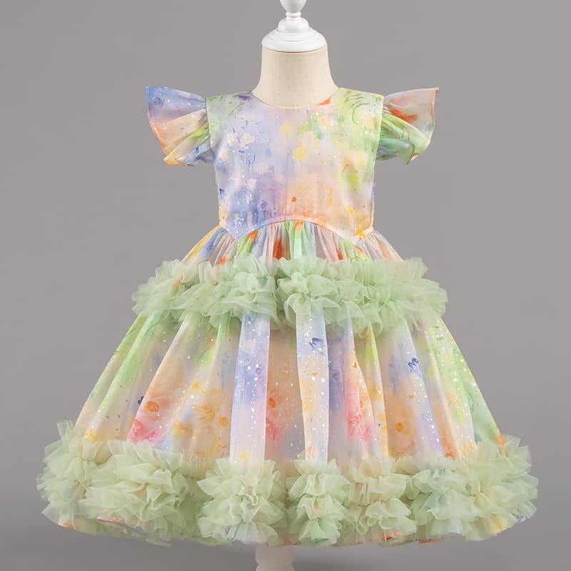 Girls Summer Dress Floral Print Layered Princess Dress Children's Fashionable Cool Beach Dress Stylish