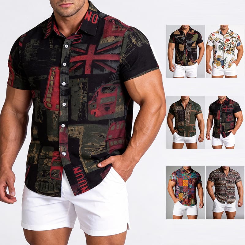 Men's Casual Hawaiian Shirts Short Sleeve Floral Print Slim Fit Vintage Cotton Blend Button up Wild Camisas for Teens And Adults