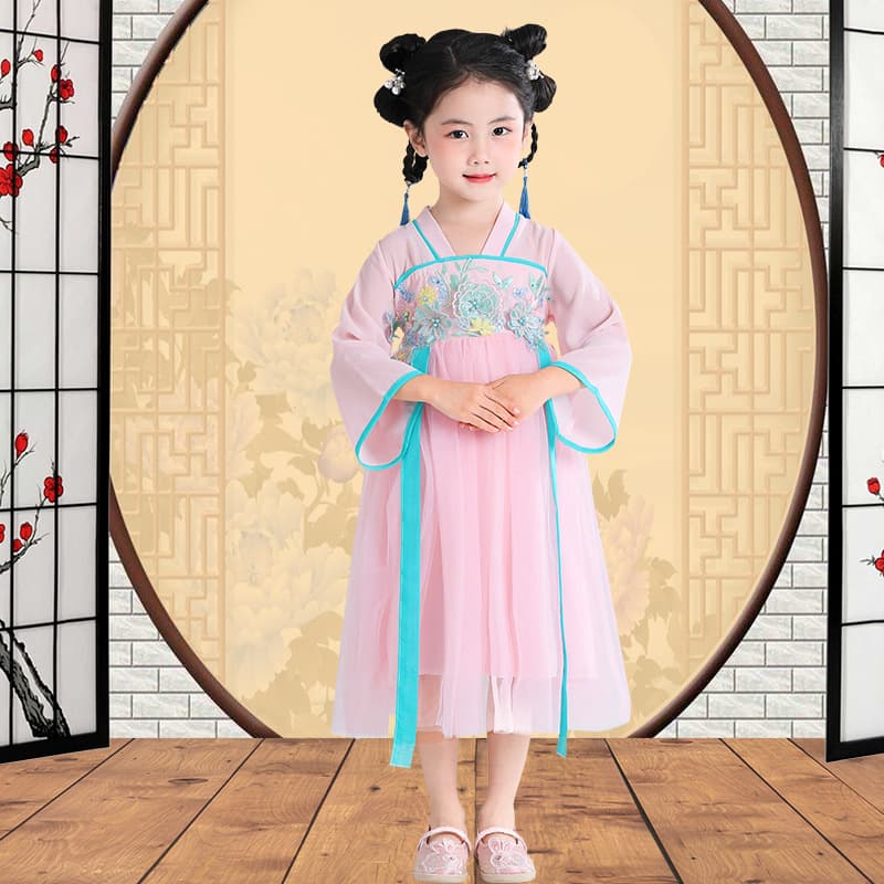 Girls' Hanfu Children's Summer Dress Thin Version, Chinese Wind Flowy Fairy Dress for Middle/Elementary School Students, Ancient-style Ceremony Gown