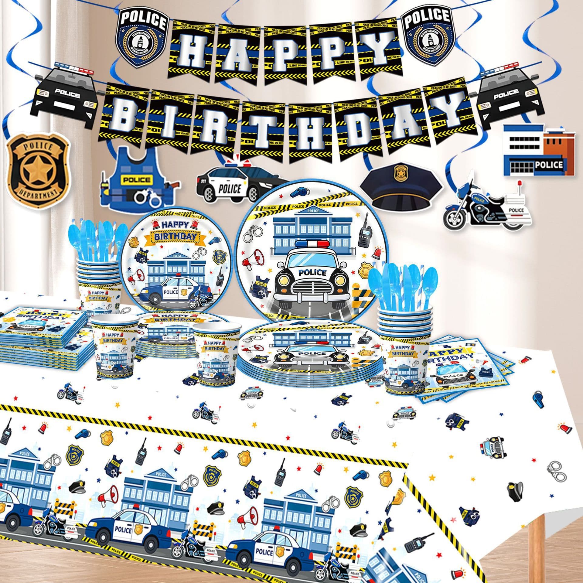 Amazon Cartoon Police Car Police Birthday Party Paper Plate Flag Children's First Birthday Ceremony Layout Tablecloth Cake Insert