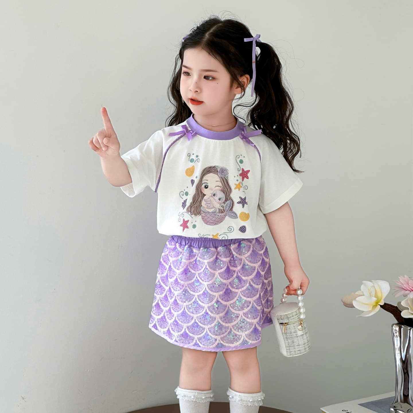 Girls Summer Outfit Set 2025 New Style Mermaid T-Shirt with Rhinestones Short Sleeve Stylish Sequin Skirt Two-Piece Set