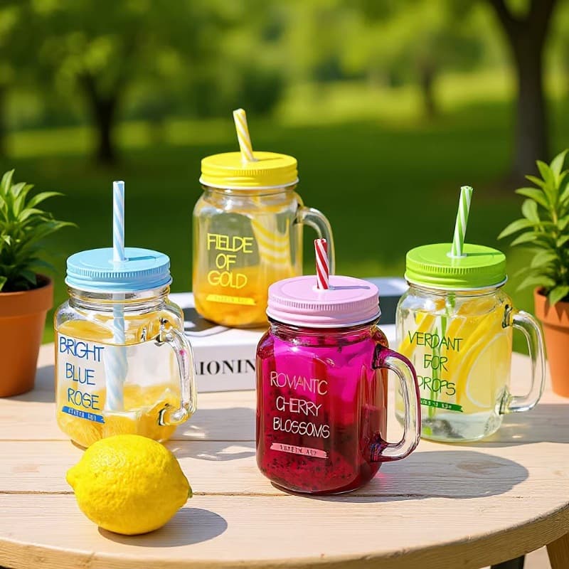 16oz mason cup with handle juice rooster cup colored glass 480ml transparent straw cup with lid wholesale
