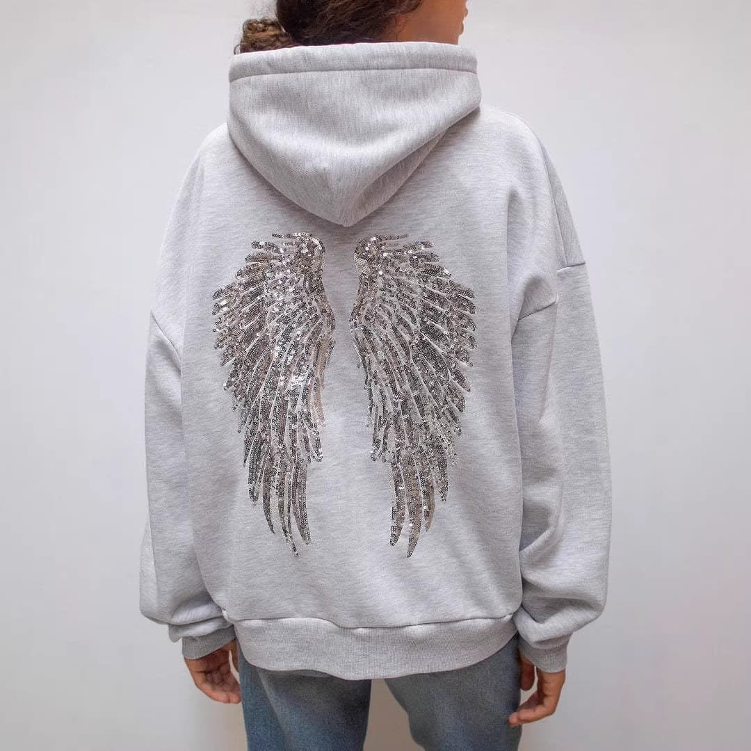 European and American Cross-Border 2025 Autumn/Winter New Women's Angel Wings Sequined Casual Sweatshirt and Pants Set, Fashionable Versatile Solid Color
