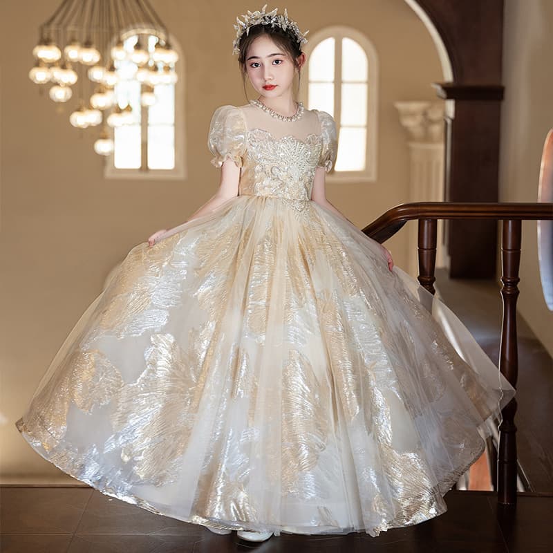 Kids Catwalk Dress Girls Champagne Princess Gown Luxury Little Flower Girl Wedding Birthday Piano Performance Outfit