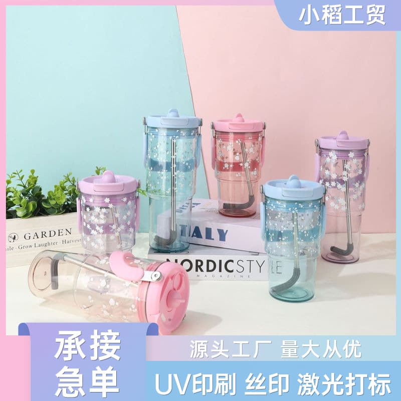 Summer Transparent Minimalist 30oz Portable Car Cup Plastic Cup with Handle Outdoor Water Bottle Dual-Drink Straw Cup