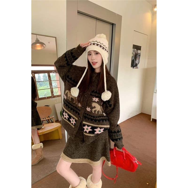 Retro Fair Isle Sweater Set with Horn Buttons, Jacquard Knit Cardigan Coat and Skirt, Women's Autumn/Winter Two-Piece Outfit