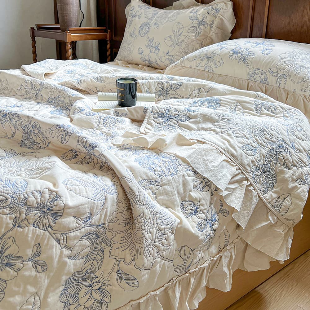 New Korean Cotton-Linen Embroidered Lace Quilted Bed Cover Three-Piece Set, Thickened Cotton Bed Sheet, Cotton Blanket, Drop Shipping