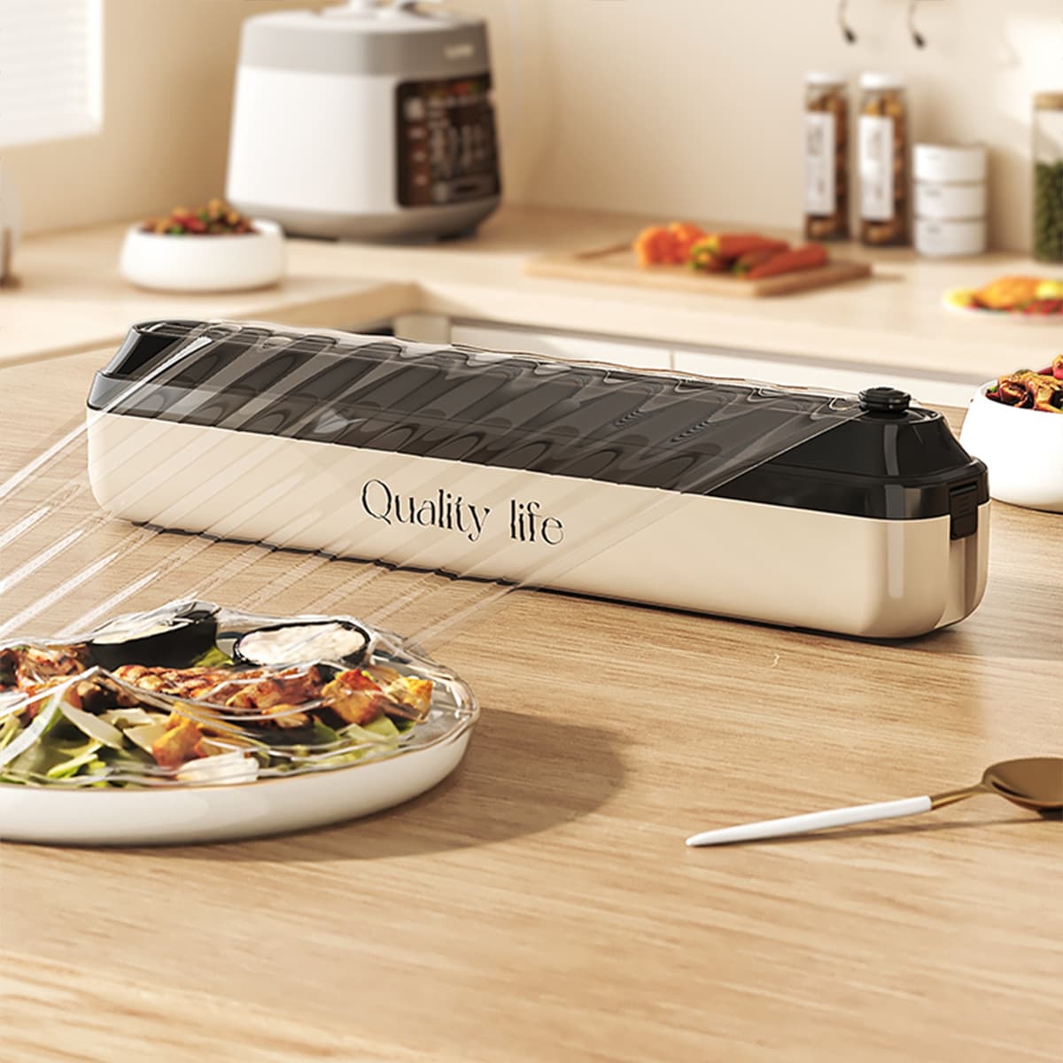 No-drill Plastic Wrap Cutter Box, Wall-mounted Triple-function Household Kitchen Storage and Wrap Cutter