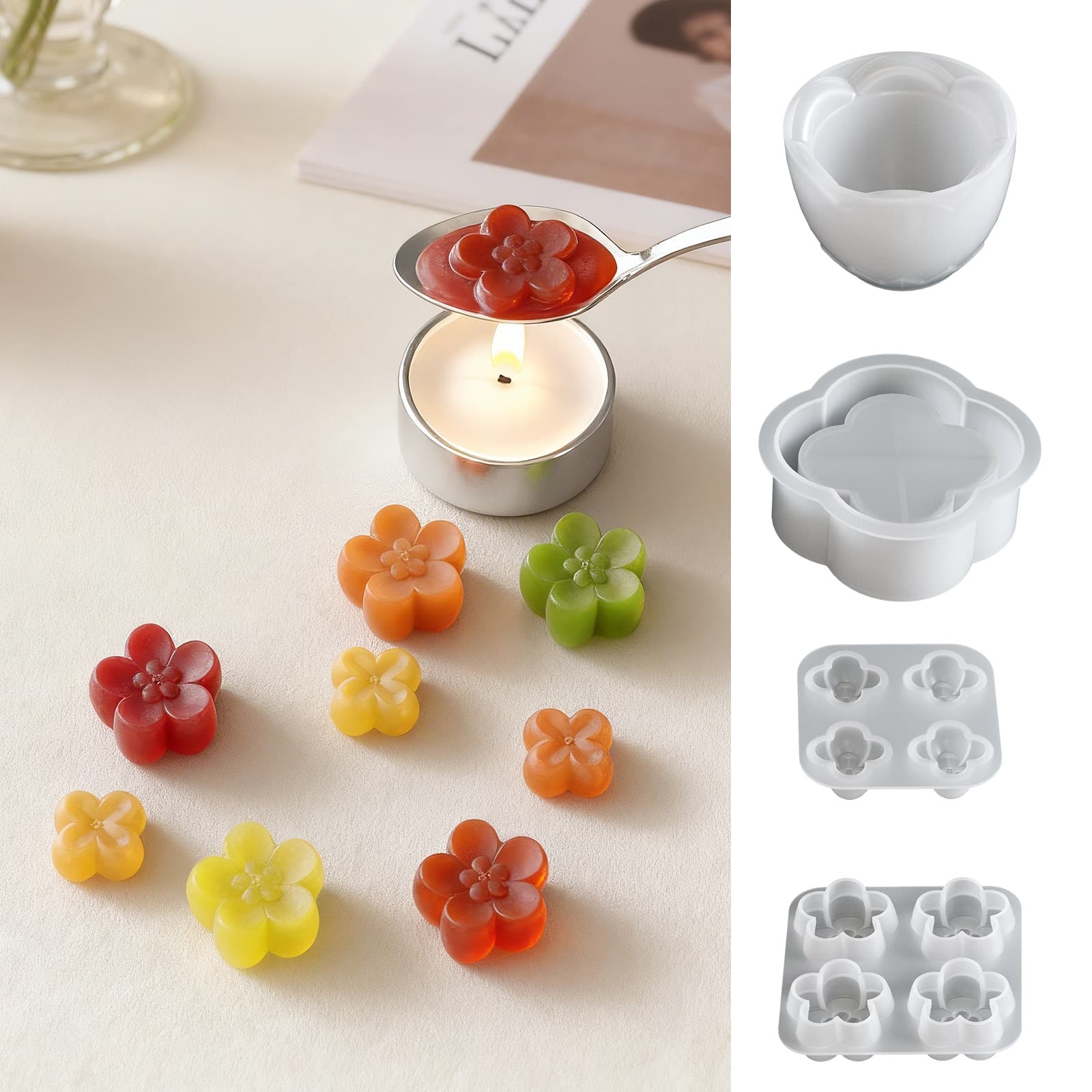 DIY Resin Four-Connected Flower Aromatherapy Tea Wax Sheet Silicone Mold, Four-Leaf Clover Storage Box Plaster Decorative Ornament