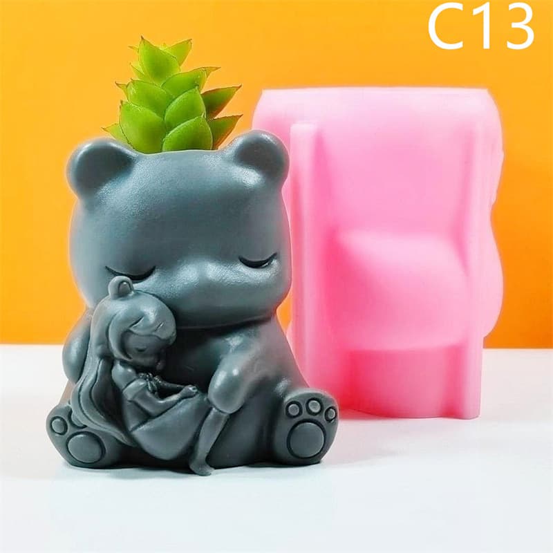 Cartoon Bear Hugging Girl Flower Pot Silicone Mold Handmade DIY Plaster Resin Succulent Planter Decoration Mold C13