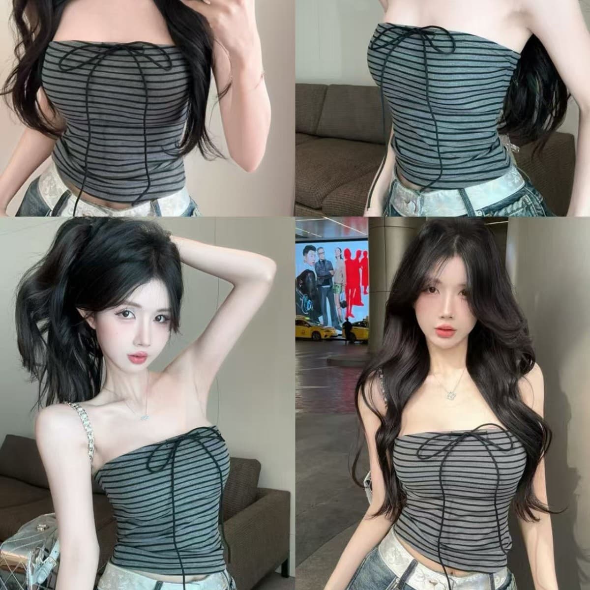 Striped Lace-Up Off-Shoulder Tube Top for Women 2025 Summer Going-Out Thai Design Slim Fit Cropped Top