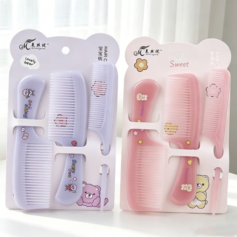 Cartoon Baby Comb Set of 3, Soft Teeth Won't Hurt Scalp, Kids Section Comb, Portable Rat Tail Comb, Mother and Baby Comb