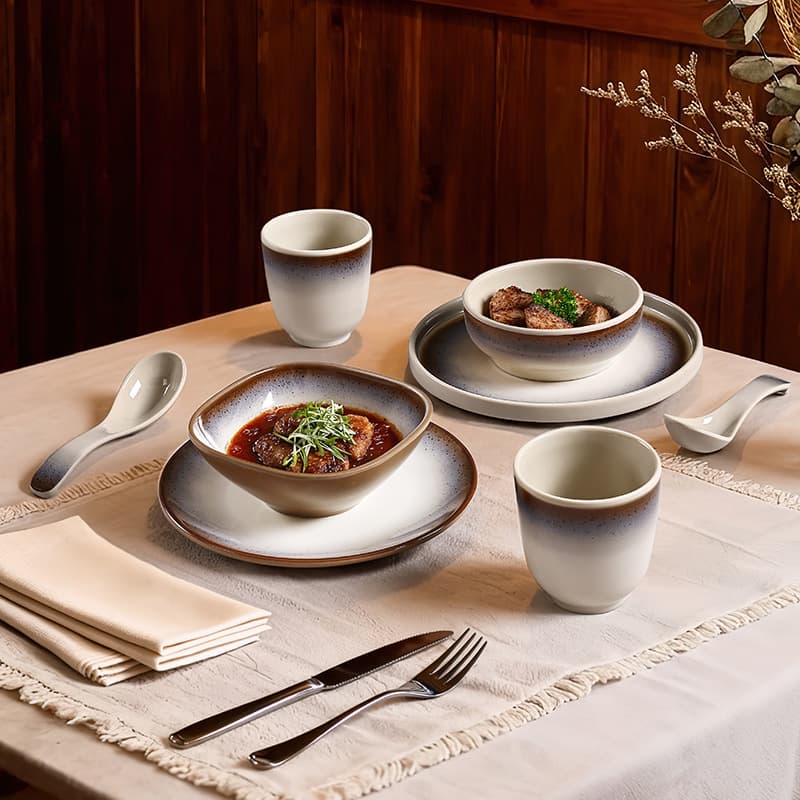 Hill retro ceramic glazed pattern melamine table four-piece commercial hotel restaurant hot pot break-resistant imitation porcelain tableware set