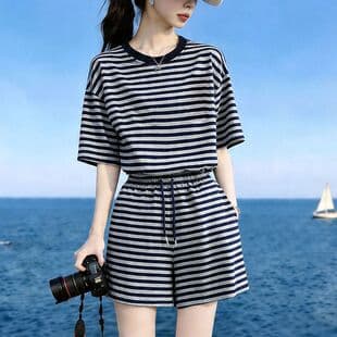Summer Striped Short Sleeve and Shorts Set for Women, New Casual Sport Running Trendy Age-Defying Loose Slimming Two-Piece Set