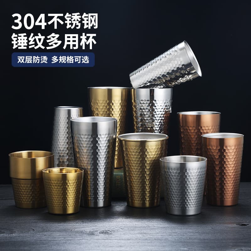 304 Stainless Steel Hammered Pattern Beer Juice Straight Cup Gold Diamond Pattern Mouth Rinse Cup Restaurant Tea Cup