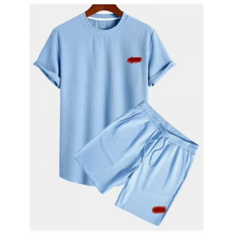 Men's Summer Striped Casual Suit Round Neck Short Sleeve Sports Fashion Loose Two-Piece Set
