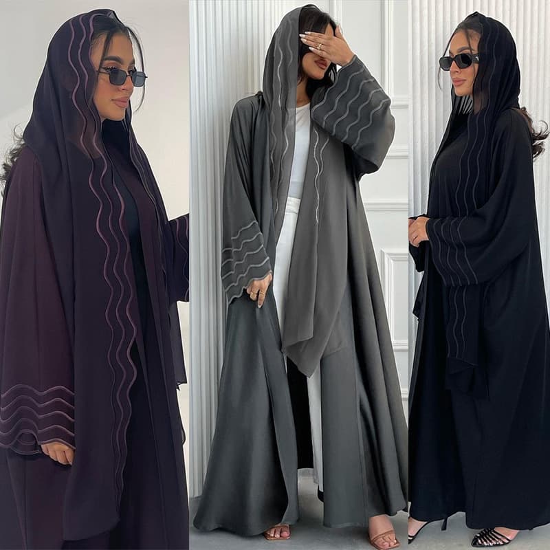 LN084 Women's Wave Embroidery Cardigan Batwing Sleeve with Headscarf Two-Piece Set Loose Wide Hem Long Coat