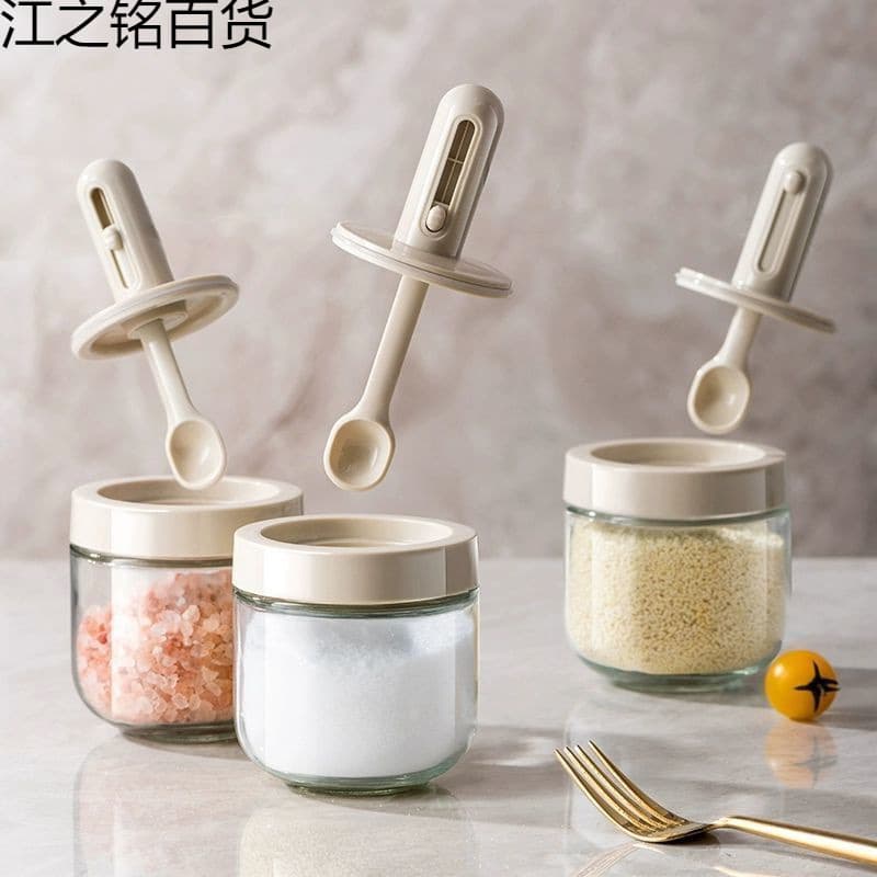Kitchen Seasoning Bottle MSG Household Sealed Retractable Glass New Salt Shaker Integrated Moisture-Proof Spoon Seasoning Jar Set