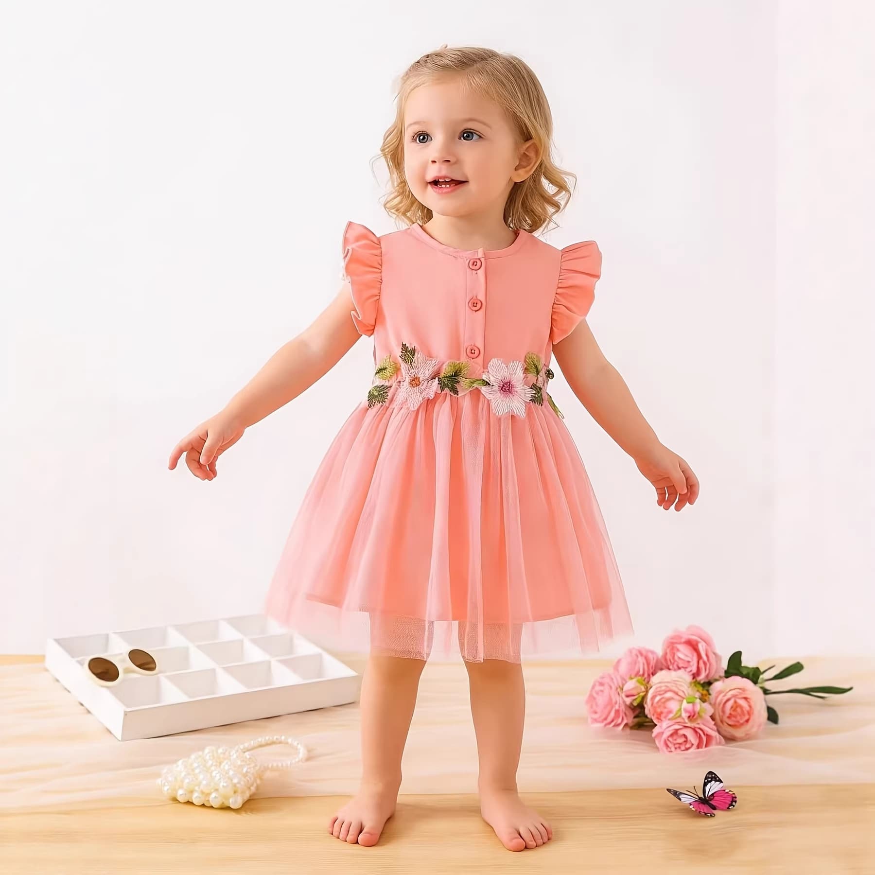 Cross-border INS style baby girl summer flower splicing mesh dress princess dress