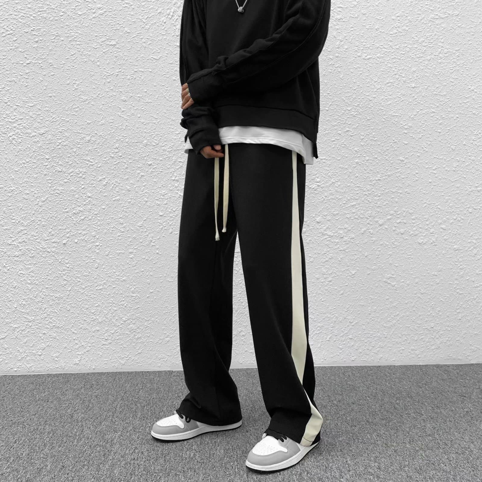 High street sports pants for boys ins fashion casual straight trousers national trend loose black and white contrasting color splicing sweatpants