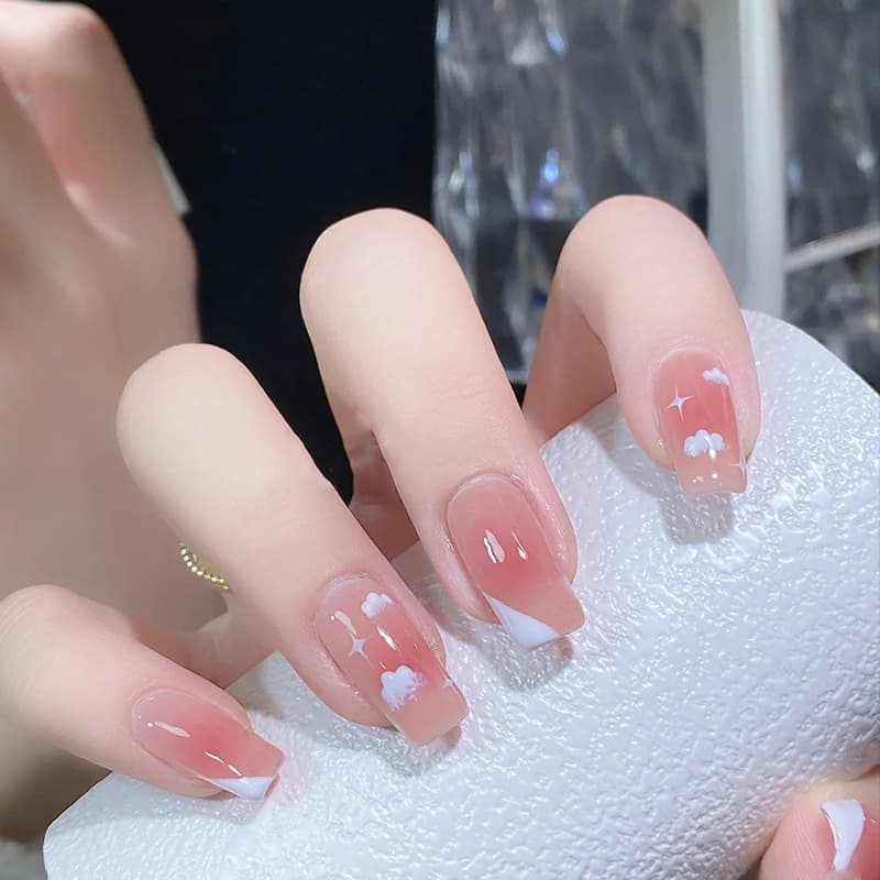 Blush Wearable Nails Wholesale Cute Cloud Simple False Nails Nail Wraps French Manicure Finished Product