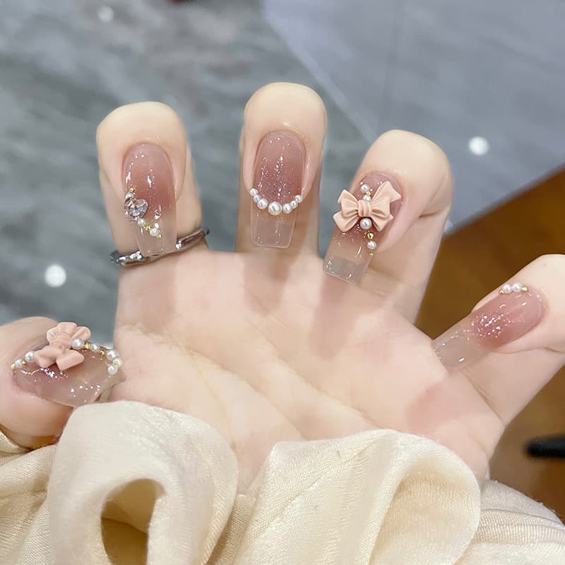 Crystal Princess Wearable Nails Butterfly Bow Press-On Nails Semi-Handmade Fake Nails Finished Nail Tips