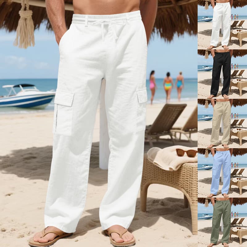 Cross-border Men's Cargo Linen Pants Drawstring Multi-pocket Straight Solid Color Breathable Outdoor Beach Casual Trousers for Men