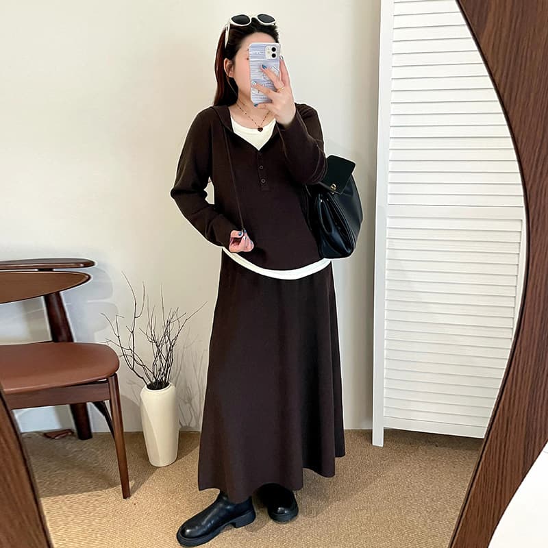 Plus Size Women's Hooded Two-Piece Knit Set with Top and Skirt, 2025 Winter, Casual Two-Piece Outfit for Plus Size Ladies 23522