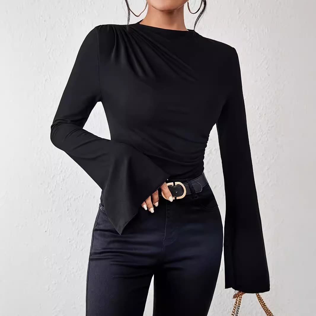 Qianbaiyi | Shisanhang Chunqiu | Dark Solid Color Ruffled Shoulder Flared Long-Sleeve T-Shirt Elegant Slim Fit Top
