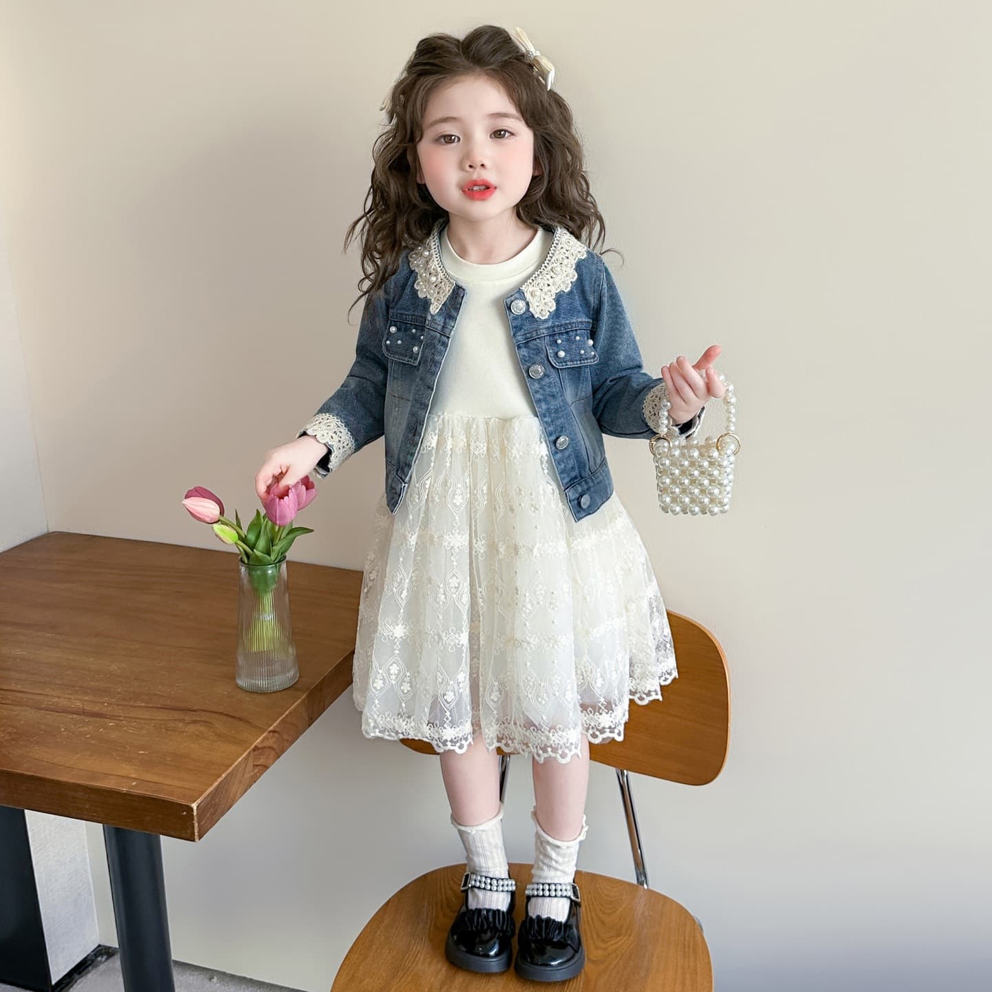 Girls Pearl Denim Jacket Dress Set Spring New Baby Girl Super Beautiful Lace Dress Princess Dress