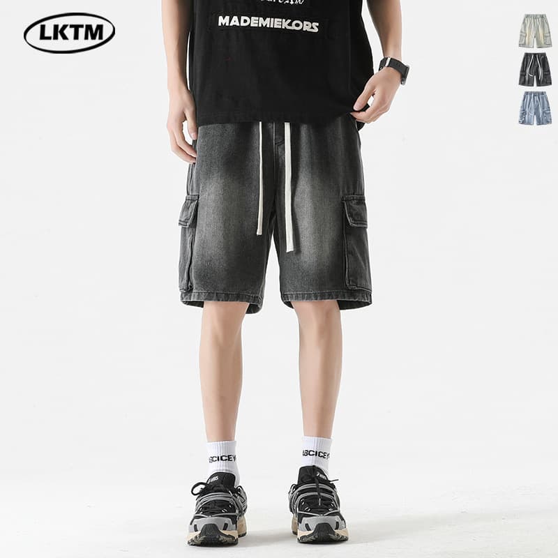 LKTM Men's Clothing #American High Street Multi-Pocket Cargo Denim Shorts Men's Ins Style Elastic Waist Loose Straight Leg Five-Point Pants