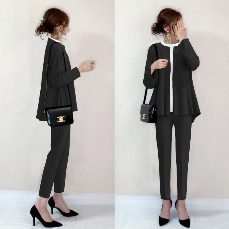 Korean Chic 2023 Spring/Autumn New Round Neck Cardigan Winter Long Sleeve Ruffle Hem Top + Pants Set
