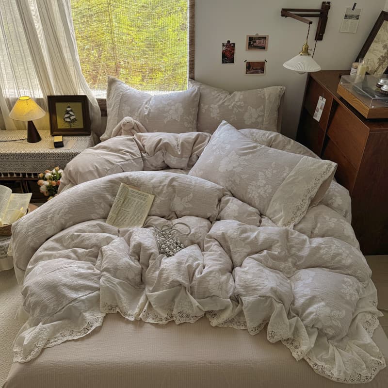 Light Luxury French Princess Style Vintage Linen Four-Piece Set Premium Solid Brown Bed Sheet Bedding for All Seasons