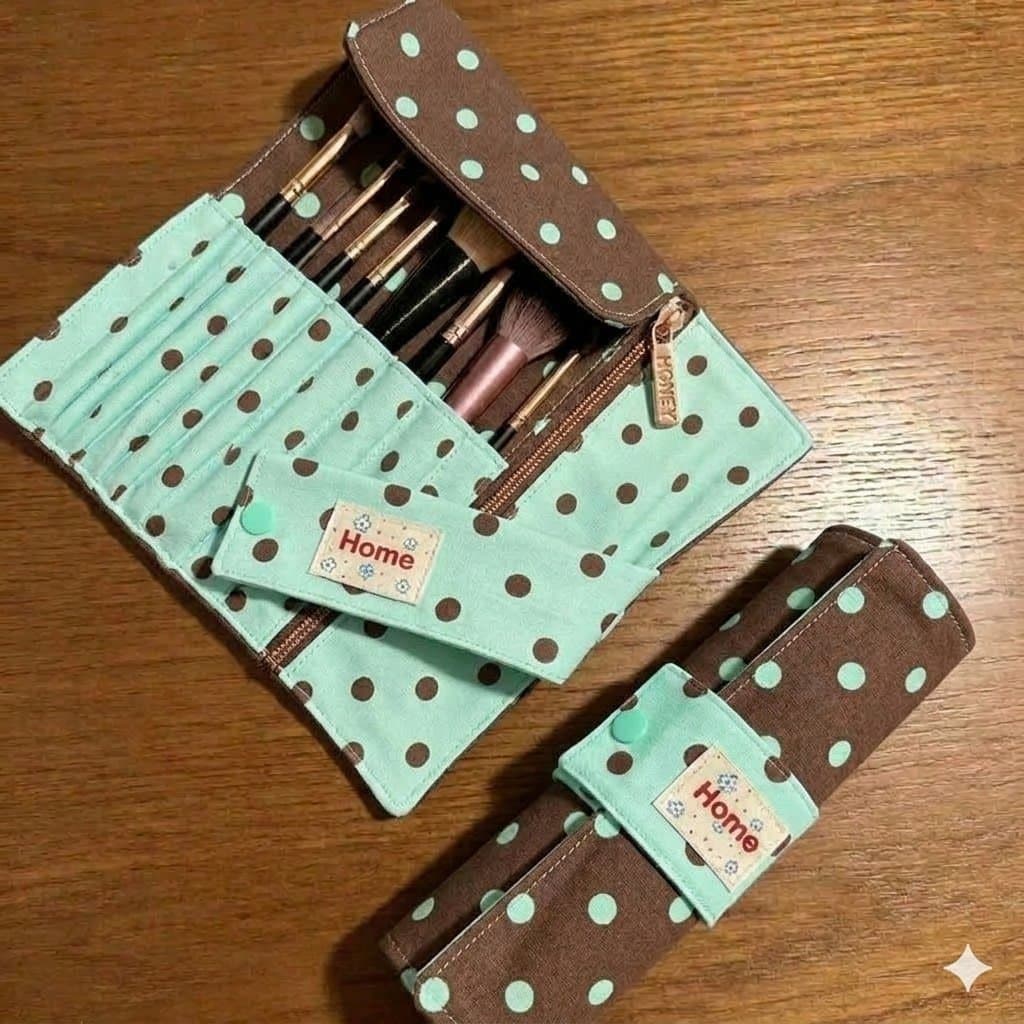 2026 Spring New Blue Polka Dot Cute Makeup Cosmetic Bag, Storage Eyeshadow Brush Beauty Kit Tool Roll