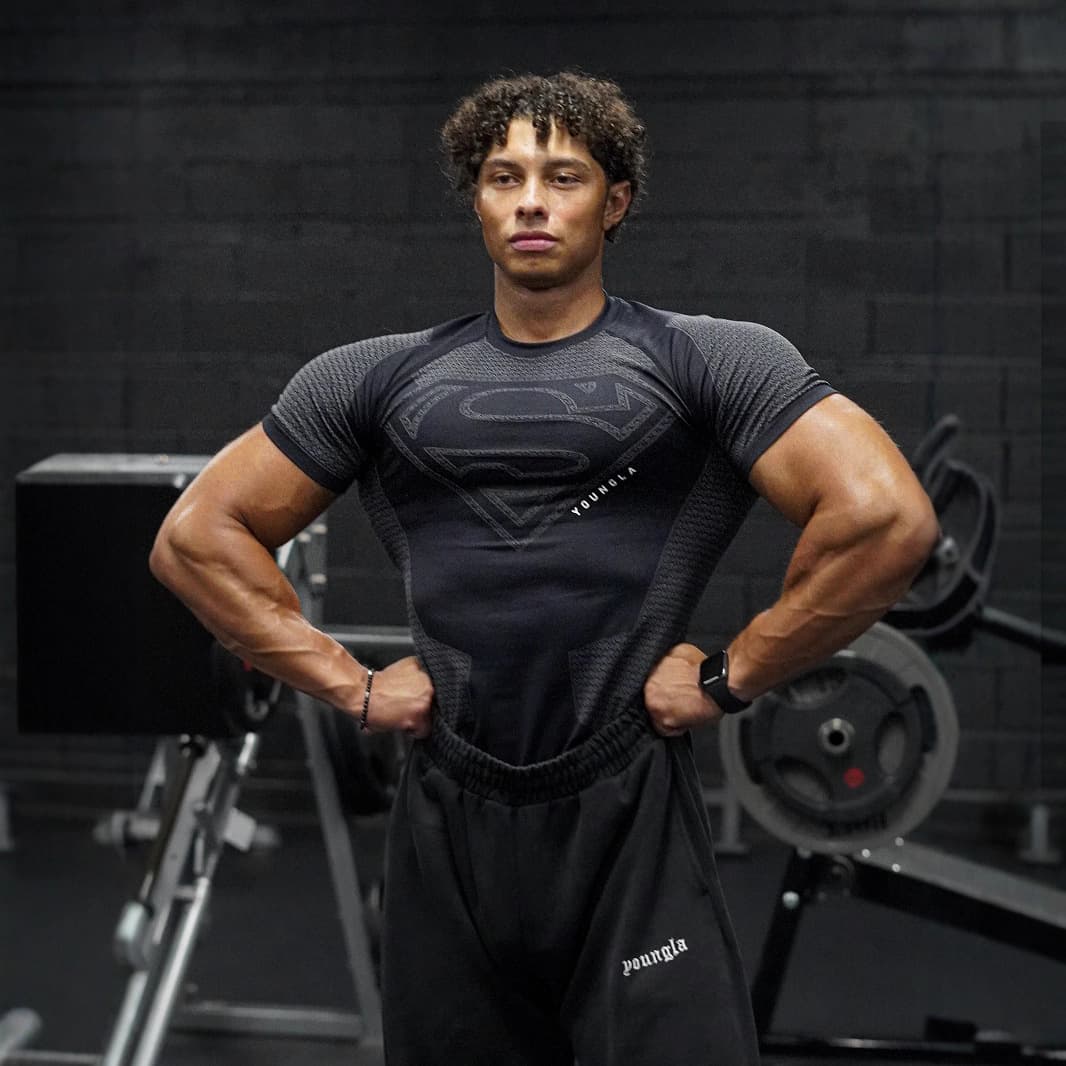YOUNGLA New American-style Muscle Fitness Men's Sports Short Sleeve Casual Running Quick-Dry Breathable Tight T-Shirt