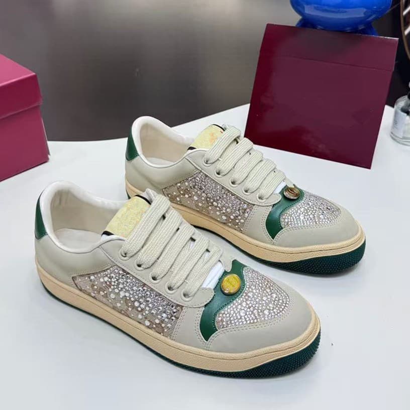 G-Style Distressed Dirty Sneakers, Vintage Logo Lace-Up Genuine Leather, Rhinestone Starry Sky Genuine Leather Casual Couple Shoes for Women