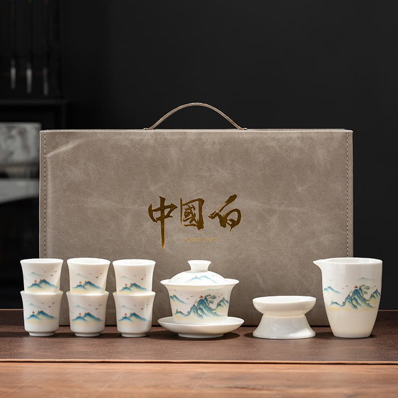 High-end Lard Jade White Porcelain Kung Fu Tea Set Complete Set, Home Lidded Bowl and Cup Gift Box, Business Souvenir Gift