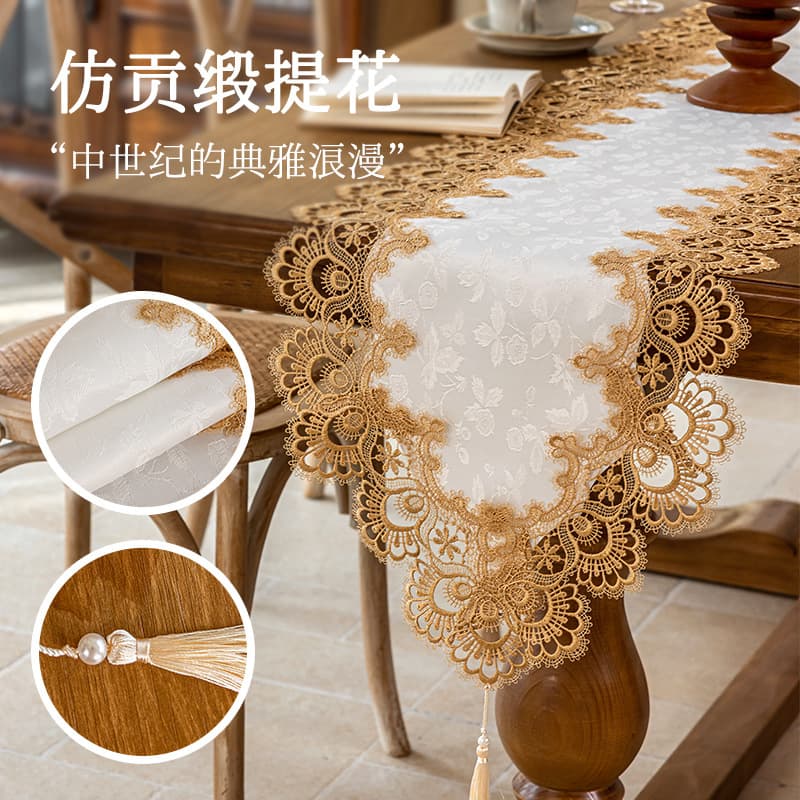 Cross-border American Lace Embroidery Table Runner Light Luxury High-End Home Long Fabric Coffee Table Cover Table Runner Wholesale