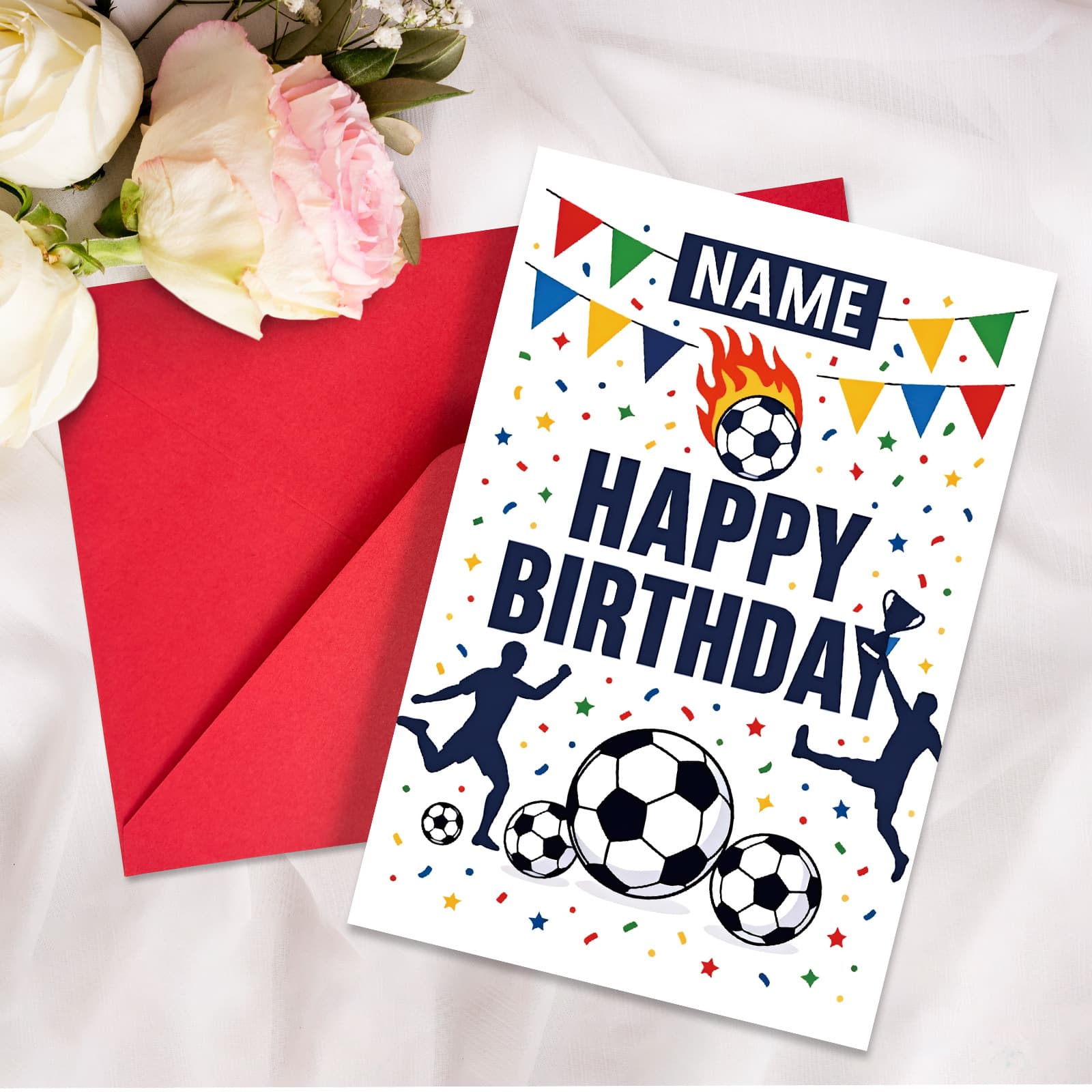 Exclusive birthday card for fans, football silhouette + trophy bunting, fun birthday message, red envelope greeting card set