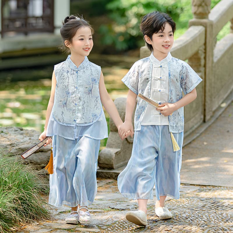 Boys and Girls Chinese Style Fashionable Tang Suit, Summer Ancient Style New Short Sleeve Ancient Costume Set, Children's Day Performance Wear