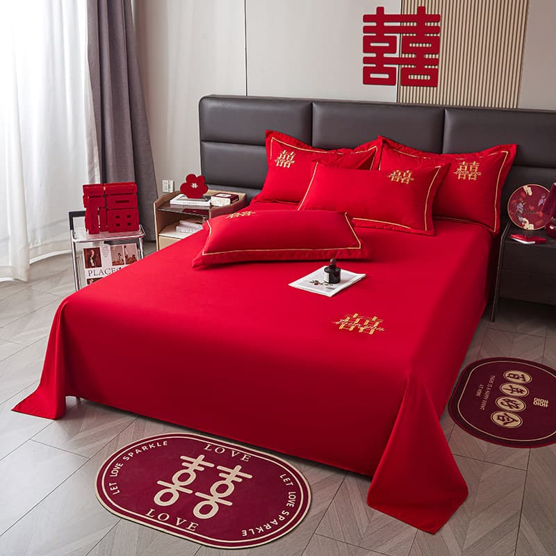 Bright Red Wedding Bed Sheet Single Piece, Disposable Red Bedding Set for Hotel, Wedding Bed Cover for Bride and Groom