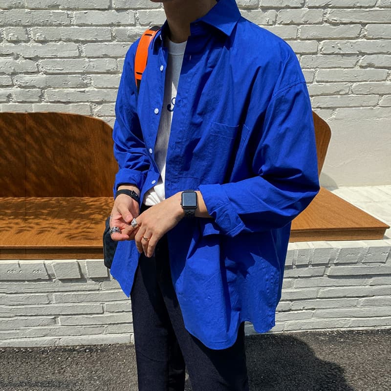 MYQ Men's Blue Long-Sleeve Shirt, Korean Trendy Cool Casual Jacket, Wrinkle-Free Dress Shirt