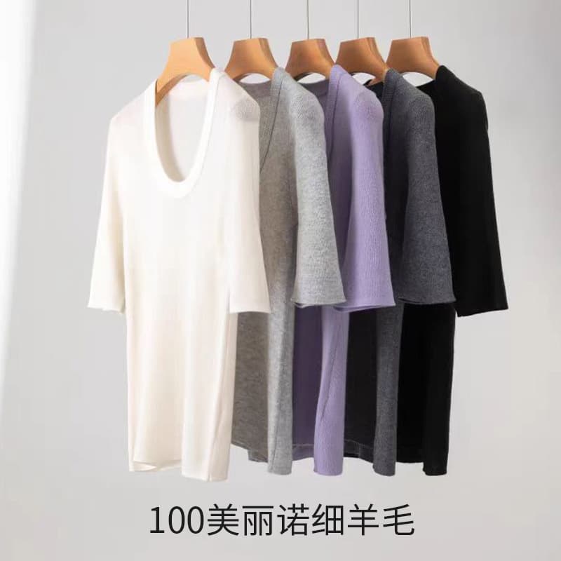 Spring/Summer Knitted T-Shirt for Women, 18-Gauge U-Neck, 100% Merino Superfine Wool Knit Top Short Sleeve