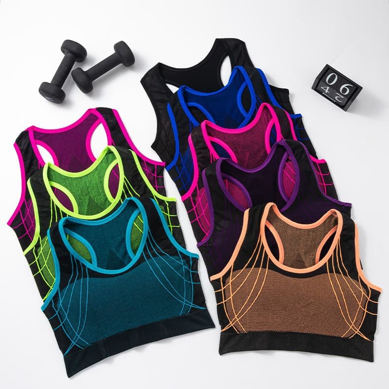 New Seamless Contrast Color Racerback Yoga Sports Bra with Built-in Pads, Wire-Free, Comfortable Crop Top for Women