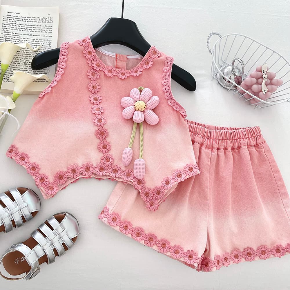 Girls' New Soft Denim Set 2026 Summer Baby Girl 3D Floral Sleeveless Top and Ruffle Shorts Two-Piece Set